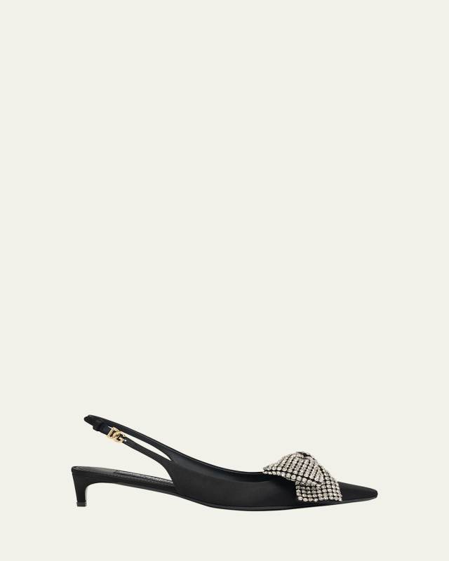 Satin Crystal Bow Kitten Slingback Pumps